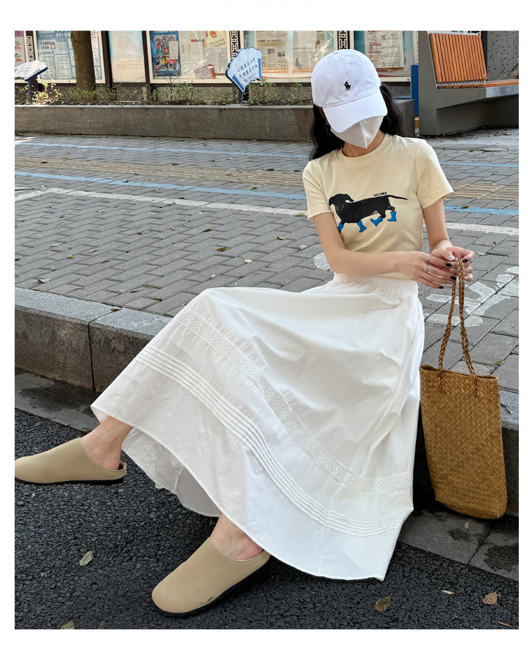 白スカート 花レース装飾 ロングプリーツスカート