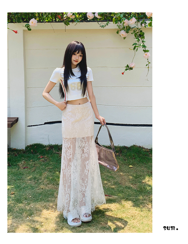 白スカート レース重ね透け感マーメイドスカート