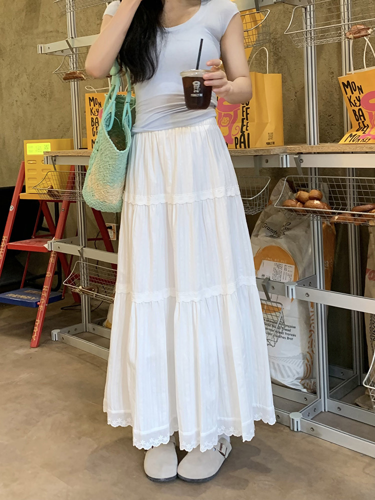 白スカート レースふんわりティアードロングスカート