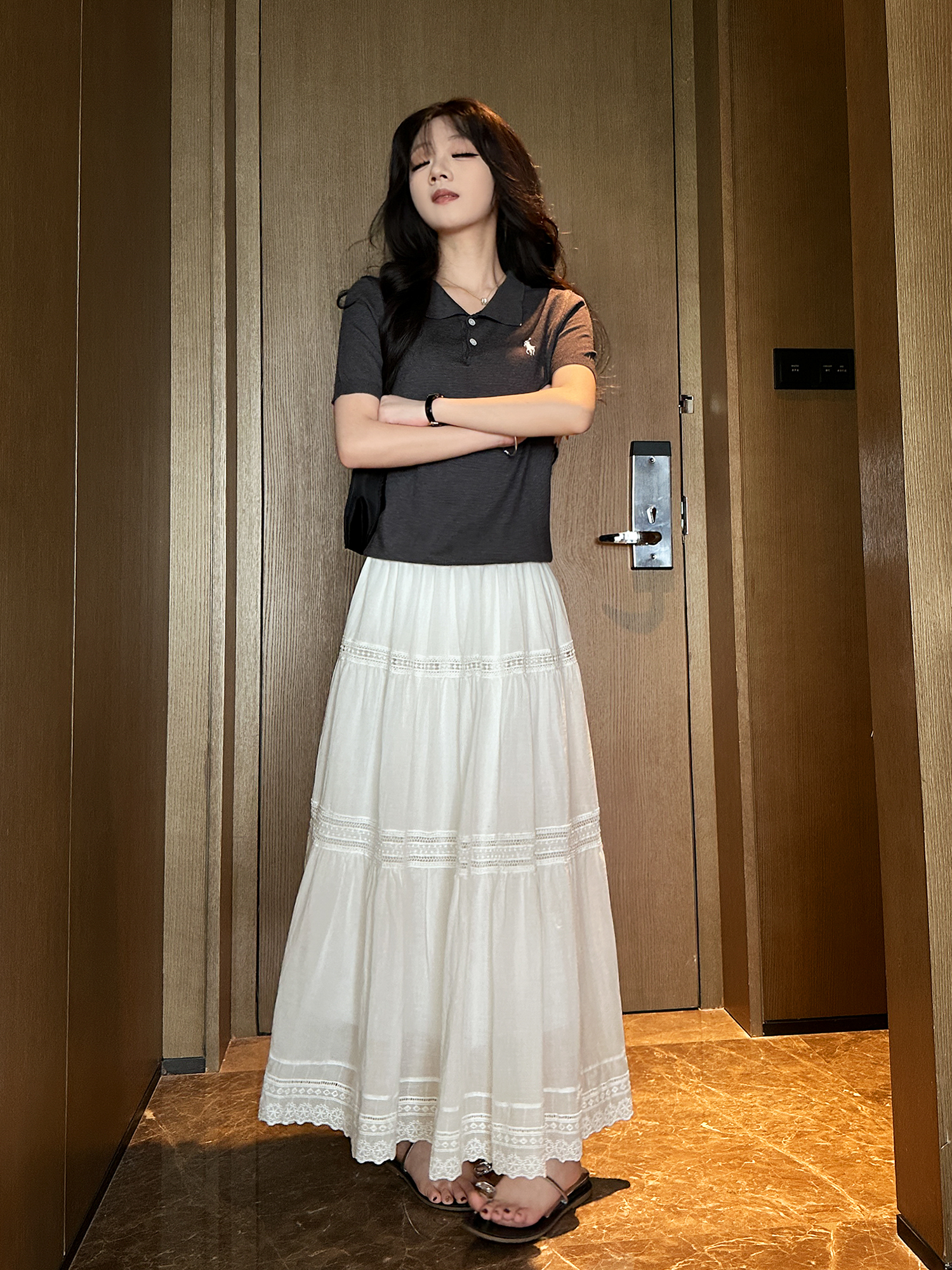 白スカート ティアードレース プリーツロング