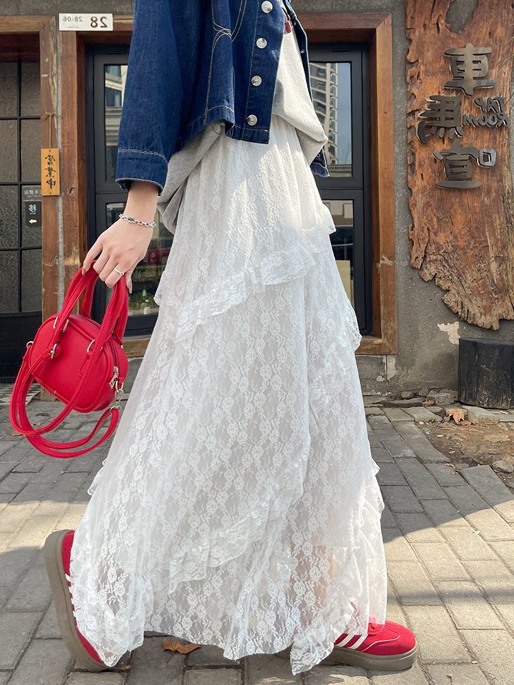 白スカート 花レース重ね ティアードロングスカート
