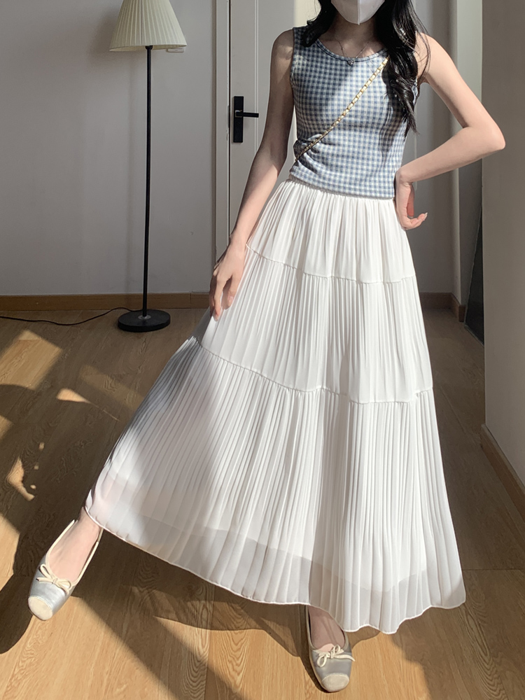 白スカート ティアードプリーツロングスカート