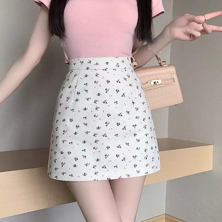 白スカート 小花柄ハイウエストAラインミニスカート
