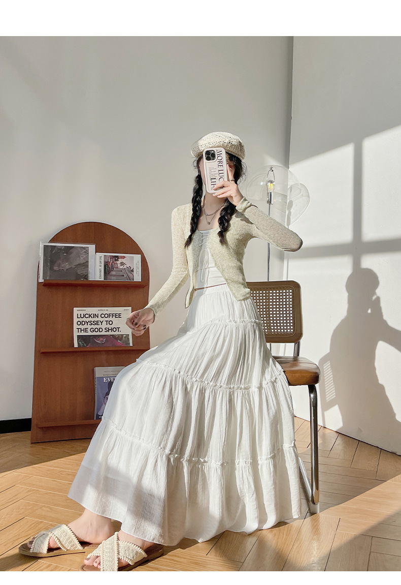 白スカート ティアードデザイン プリーツロングスカート