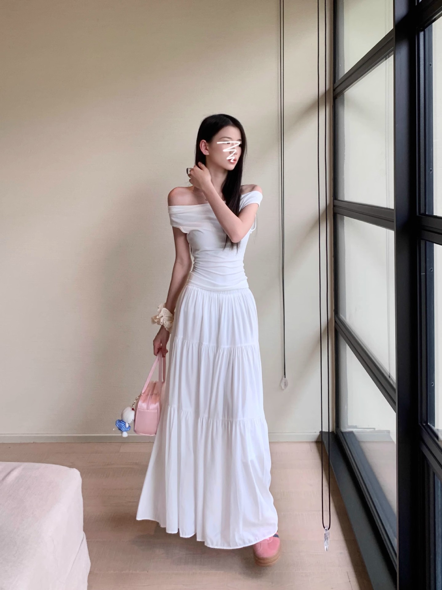 白スカート 優美なフレアロングティアードスカート