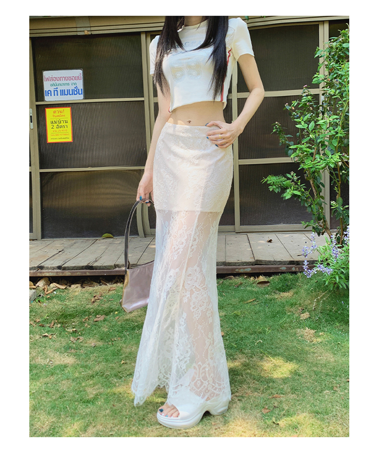 白スカート レース重ね透け感マーメイドスカート