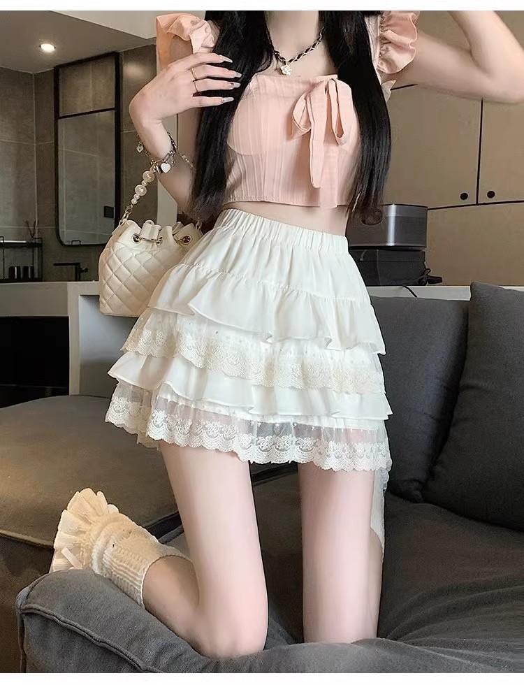 白スカート ティアードレース重ね スカート