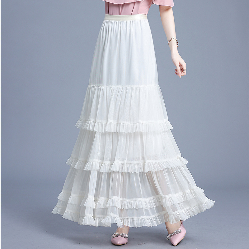 白スカート 華やかな重ね段フリルロングスカート