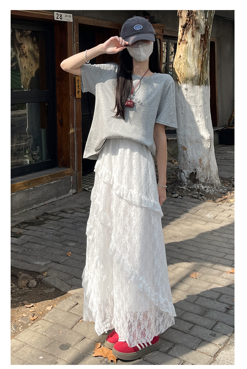 白スカート 花レース重ね ティアードロングスカート