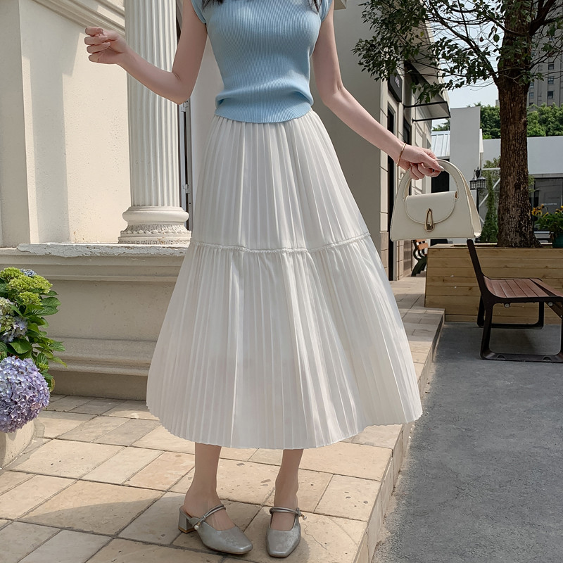 白スカート 段々切替えティアードプリーツロングスカート