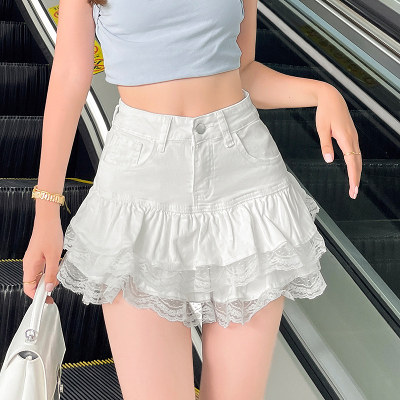 白スカート レース裾フリルデニムミニスカート