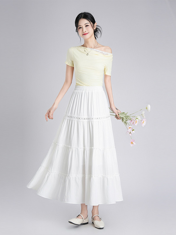 白スカート 優雅な段プリーツロングスカート