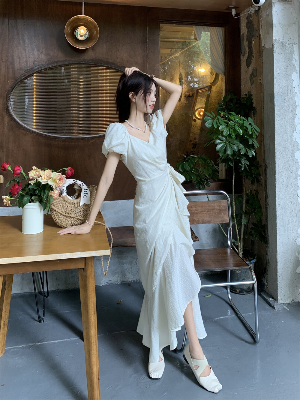 白スカート フリルラップ風マキシスカート