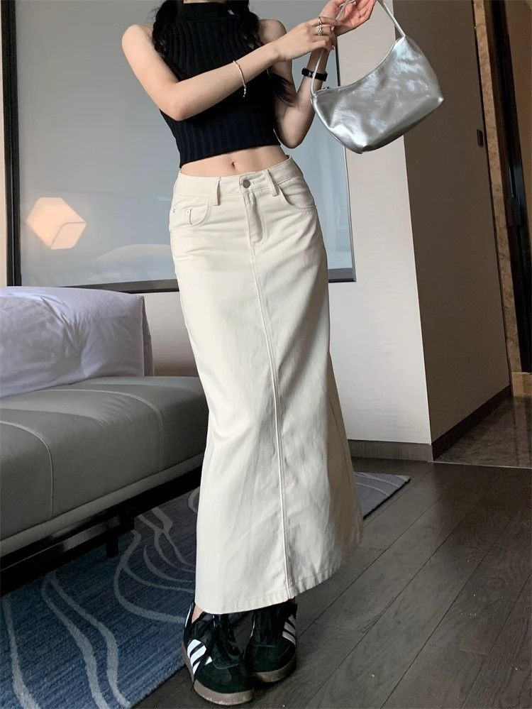 白スカート すっきりシルエットマキシスカート