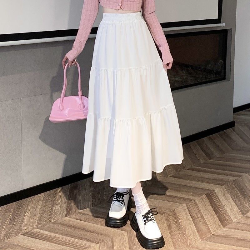 白スカート ティアードプリーツロングスカート