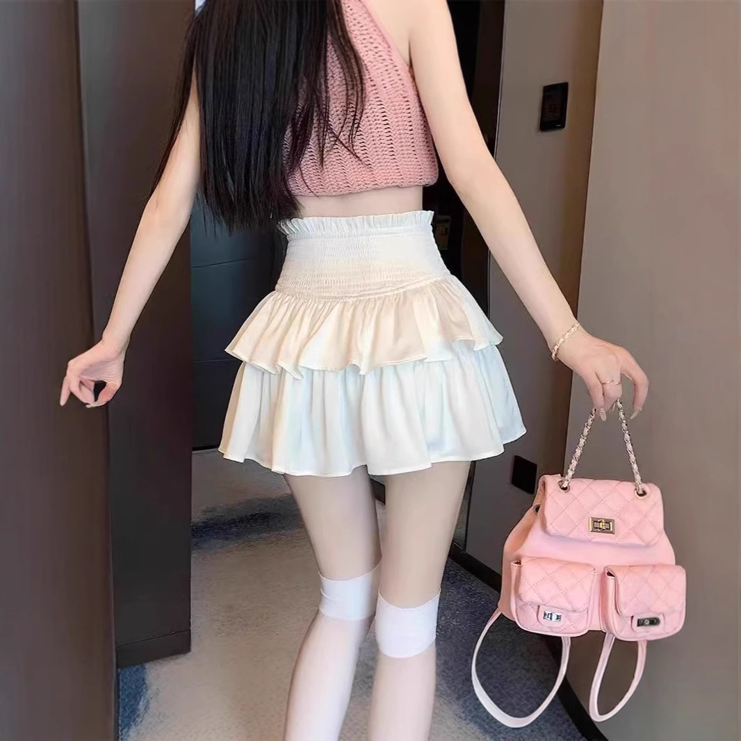 白スカート 二段フリル ハイウエストミニスカート