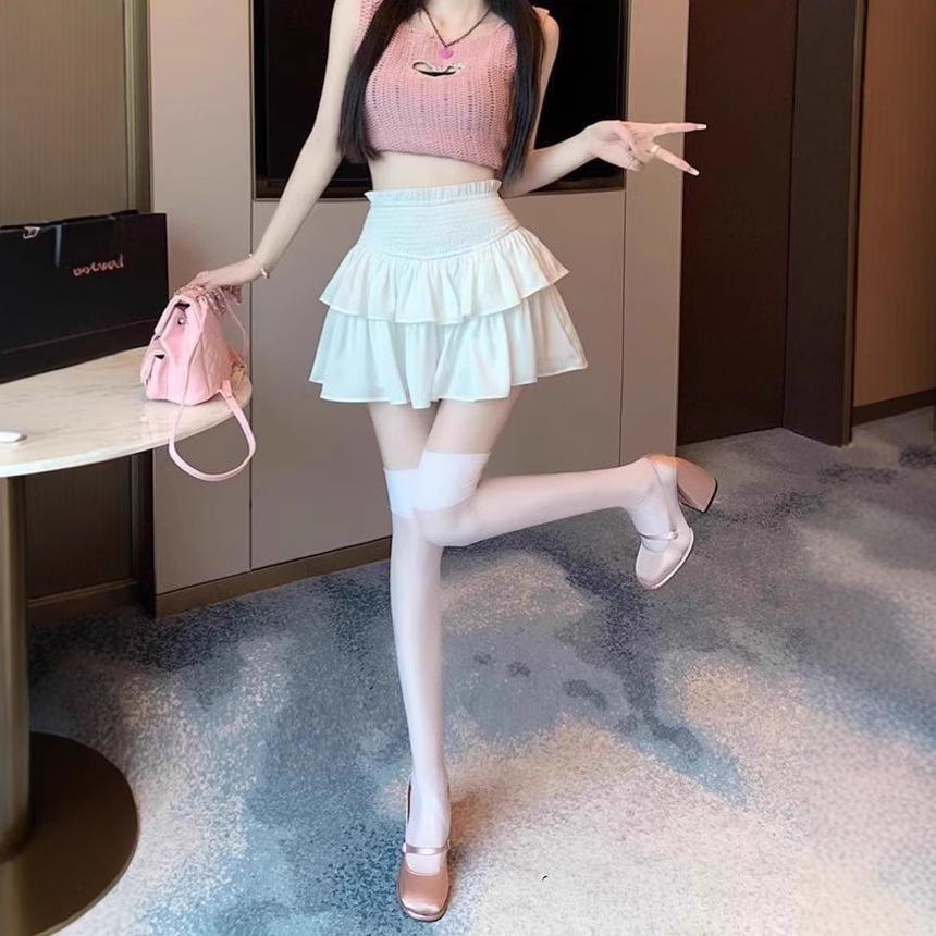 白スカート 二段フリル ハイウエストミニスカート