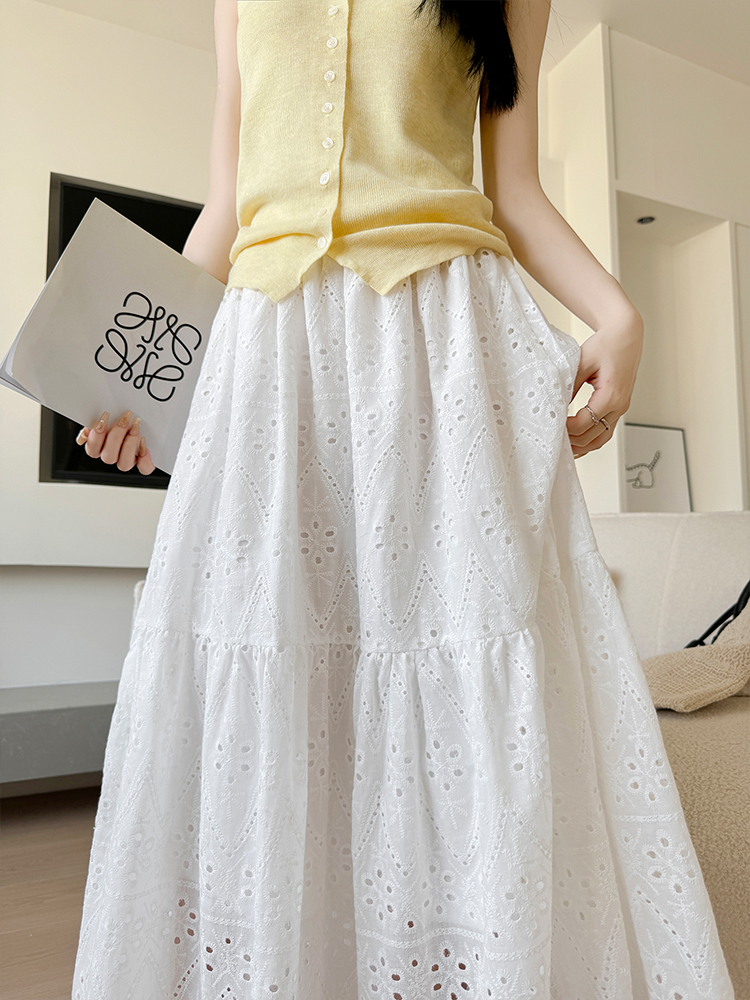 白スカート 花咲く刺繍レースロングスカート