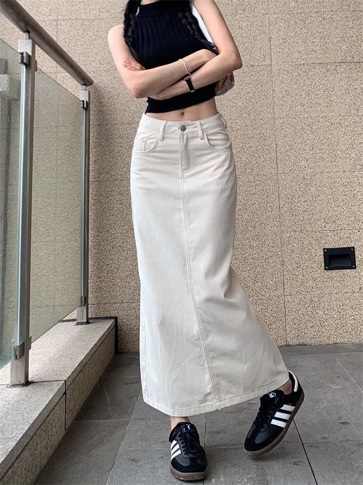 白スカート すっきりロングデニムスカート