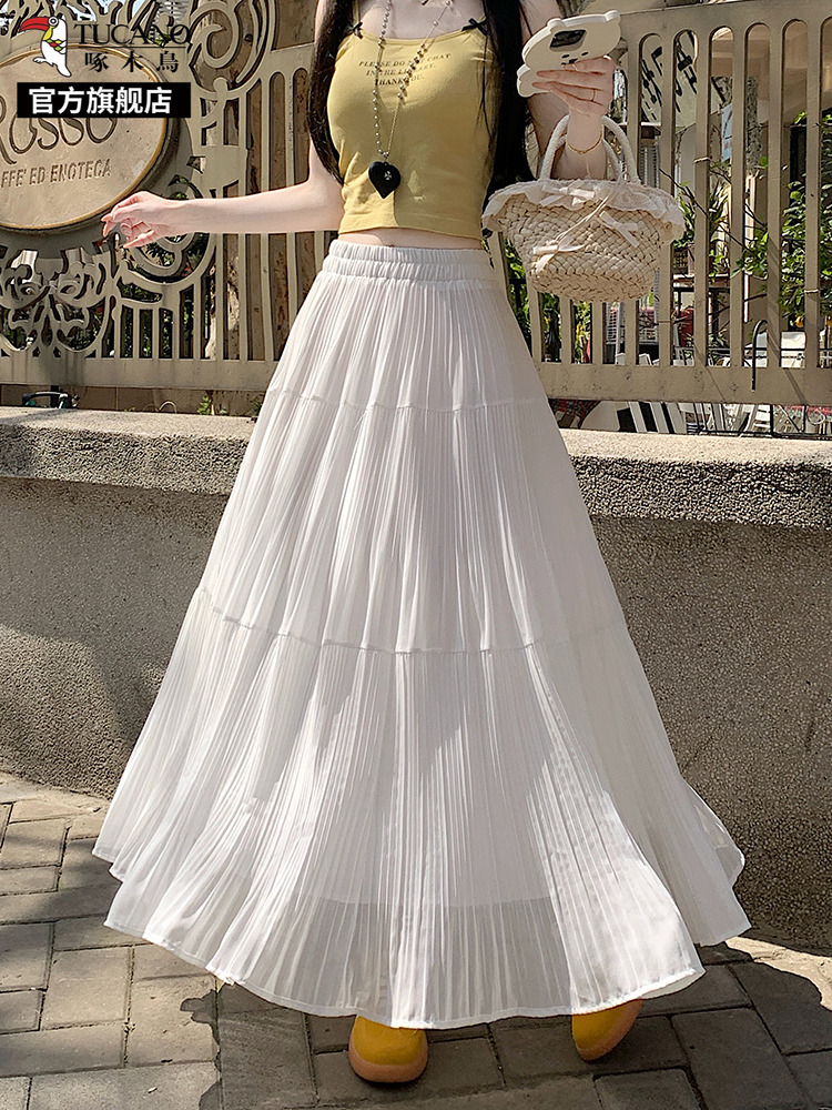 白スカート 優雅な揺れ感 ロングプリーツスカート