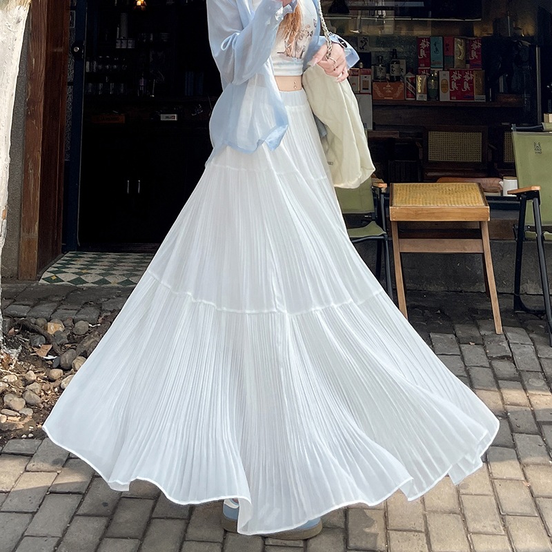 白スカート 優美な三段プリーツロングスカート