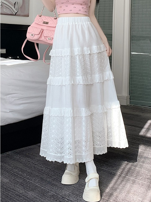 白スカート レース切替ロングティアードスカート