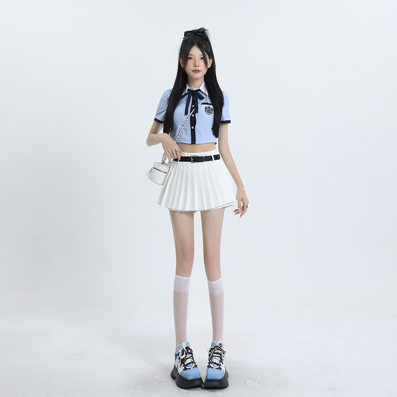 白スカート ベルト付きプリーツミニスカート