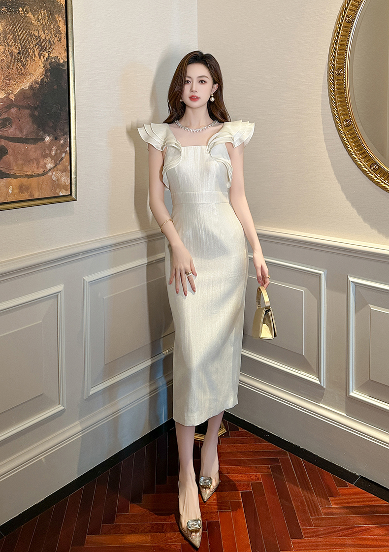 白スカート 華麗フリルショルダーマーメイドドレス