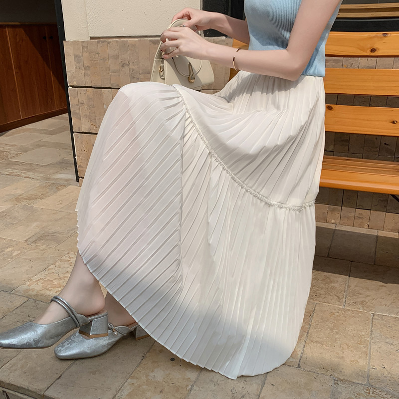 白スカート 段々切替えティアードプリーツロングスカート
