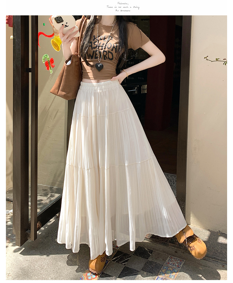白スカート 優雅な揺れ感 ロングプリーツスカート
