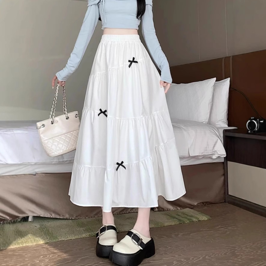 白スカート リボン飾りティアードロングスカート
