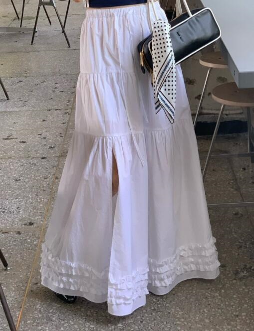 白スカート レディース フレアスカート 裾フリル ロング丈 婦人服