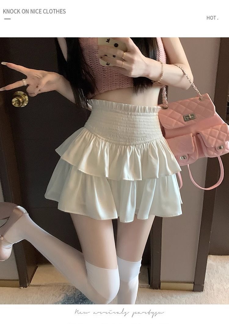 白スカート 二段フリル ハイウエストミニスカート
