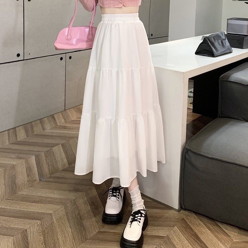 白スカート ティアードプリーツロングスカート