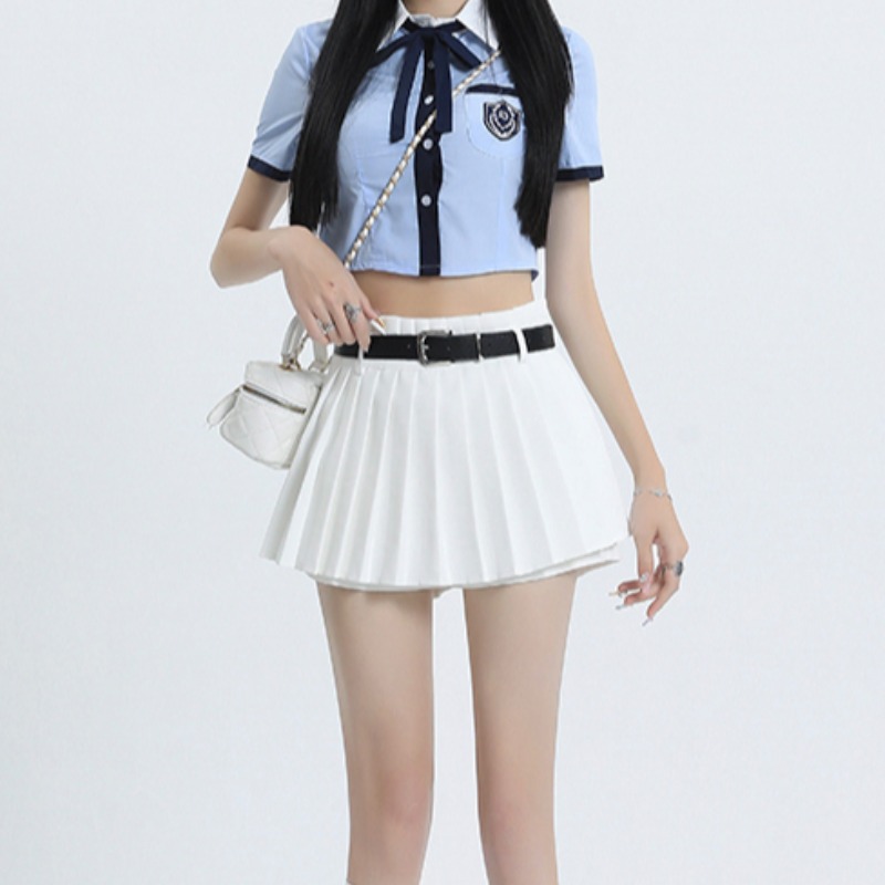 白スカート ベルト付きプリーツミニスカート