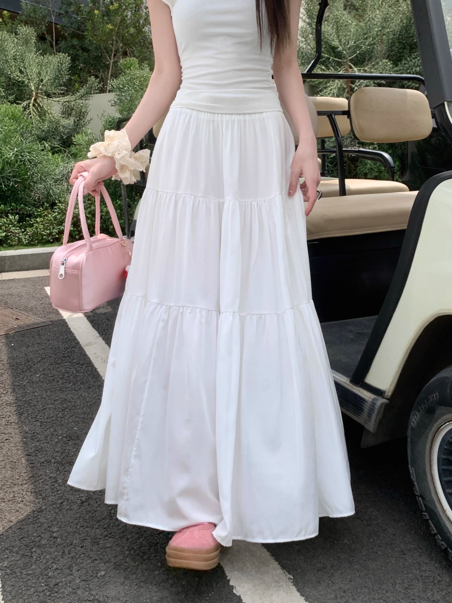 白スカート 優美なフレアロングティアードスカート