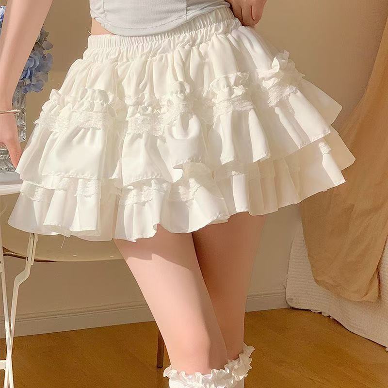 白スカート レース段重ねフリルミニスカート