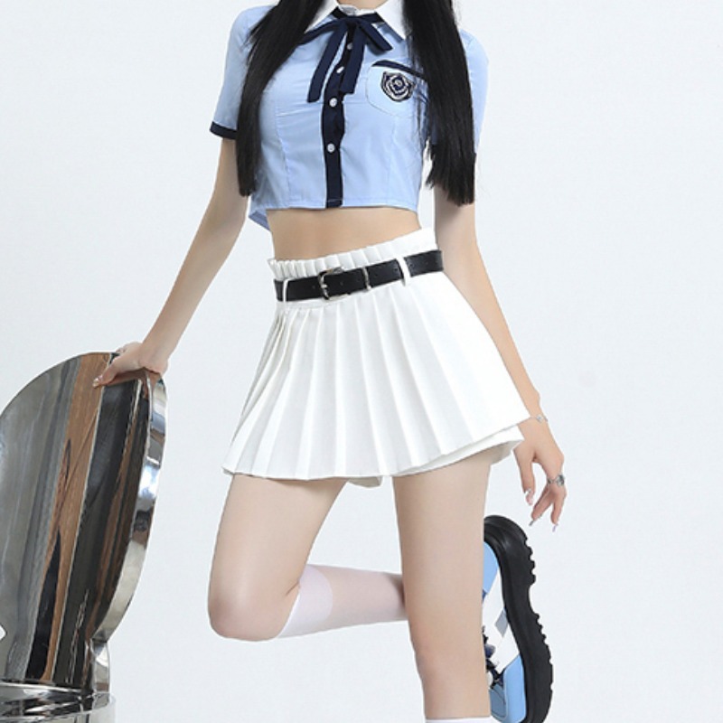 白スカート ベルト付きプリーツミニスカート