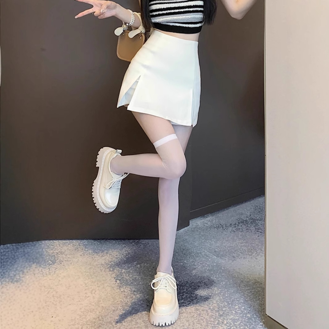白スカート ハイウエストプリーツスリットミニ