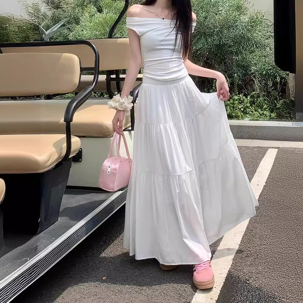 白スカート 優美なフレアロングティアードスカート