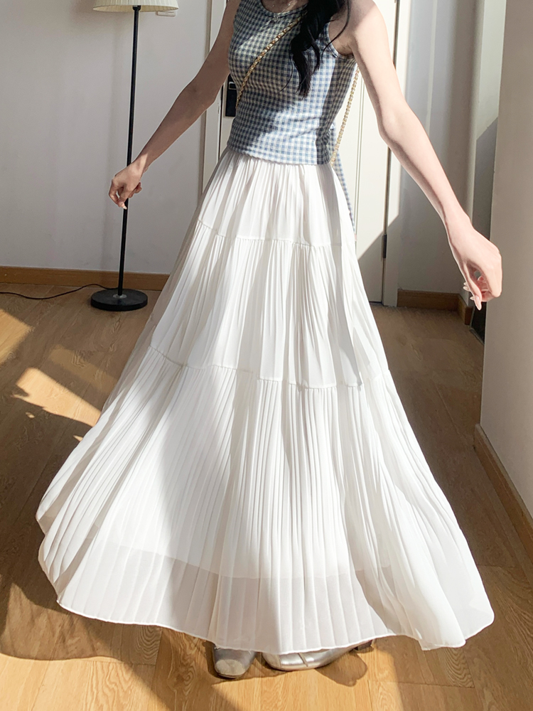 白スカート ティアードプリーツロングスカート