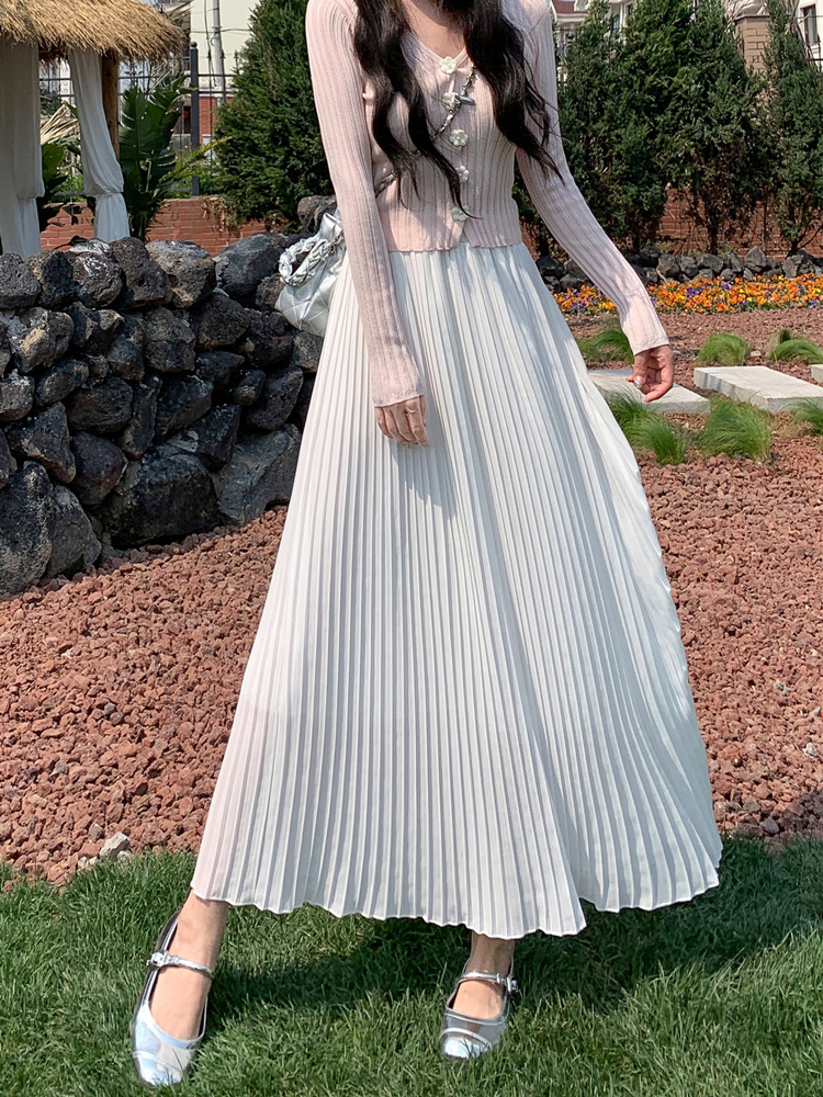 白スカート優美なロングプリーツスカート
