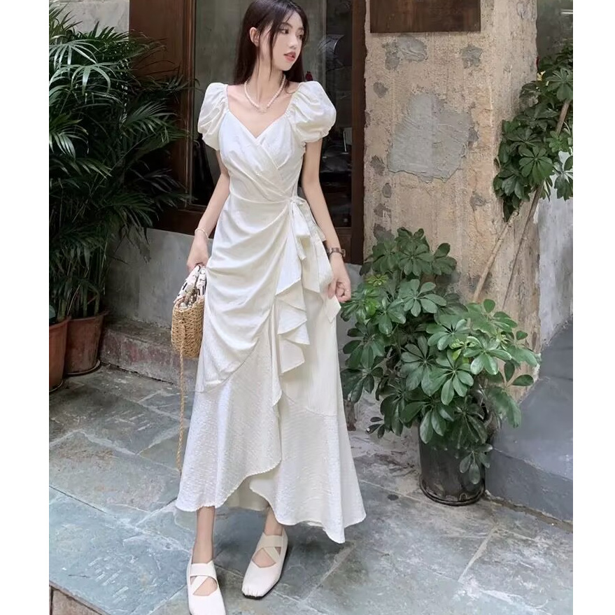 白スカート フリルラップ風マキシスカート