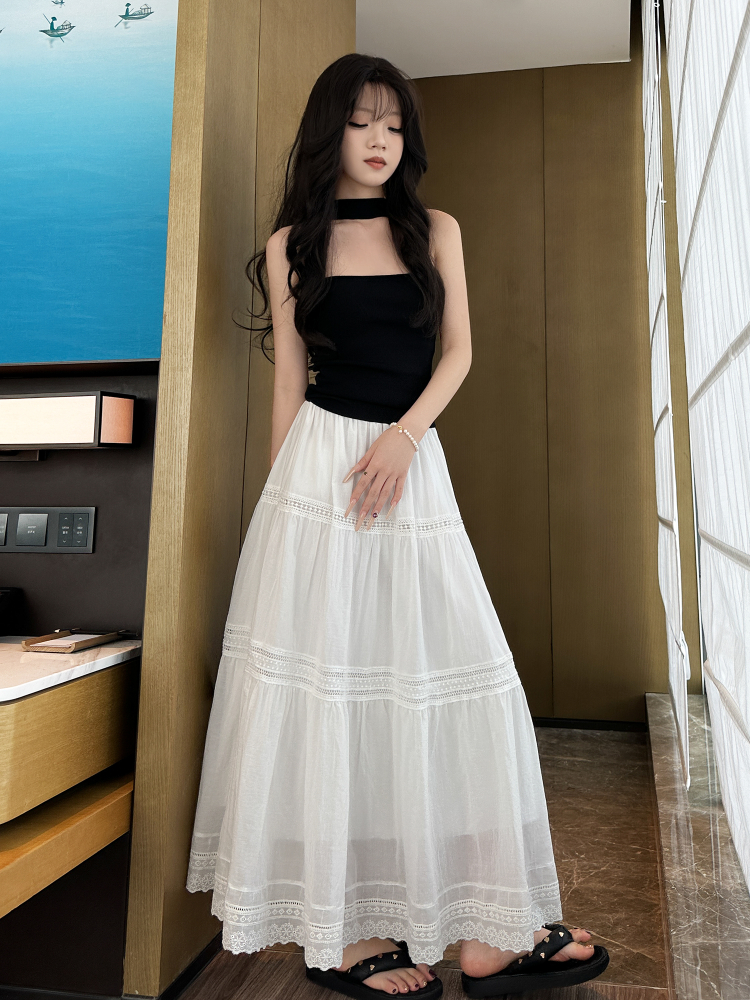 白スカート ティアードレース プリーツロング
