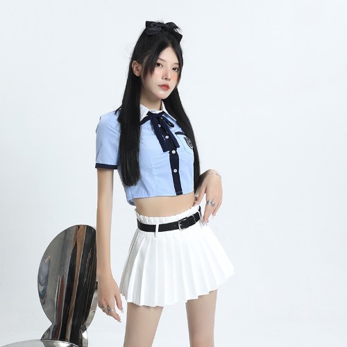 白スカート ベルト付きプリーツミニスカート