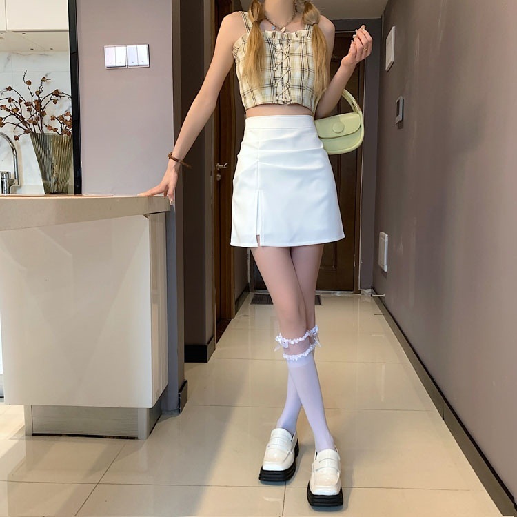 白スカート スリットデザイン台形ミニスカート