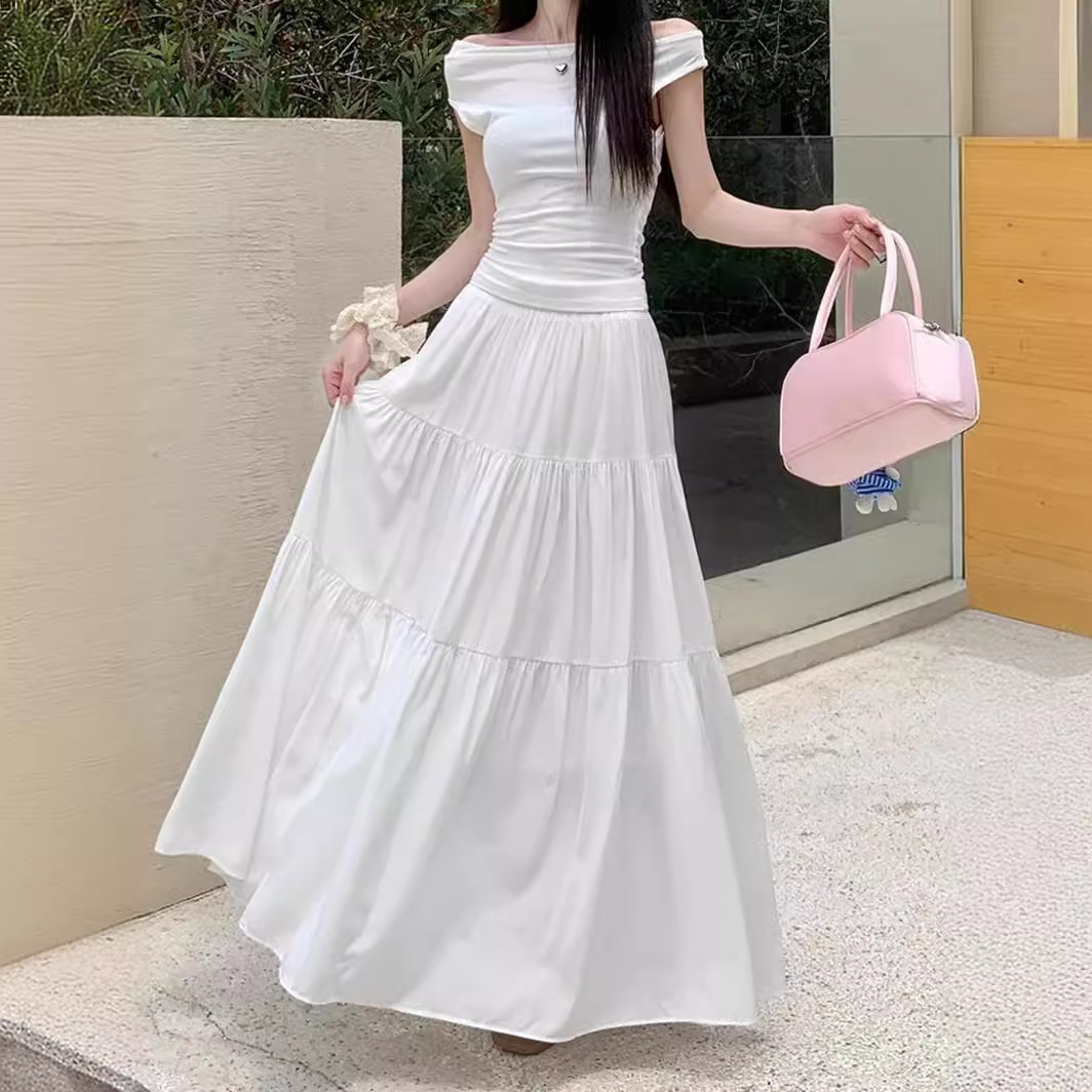 白スカート 優美なフレアロングティアードスカート