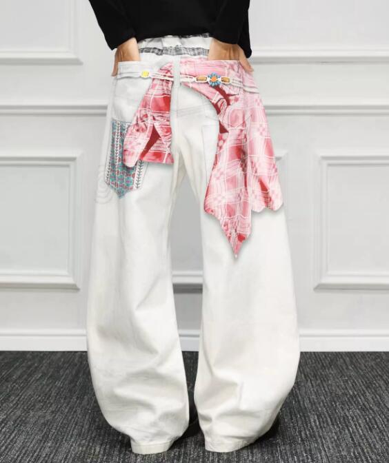 白パンツ 秋冬メンズ白ワイドパンツ レイヤード刺繍デザイン