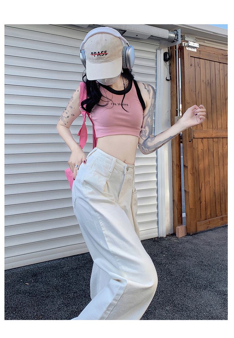 白パンツ ゆったりハイウエストワイドパンツ