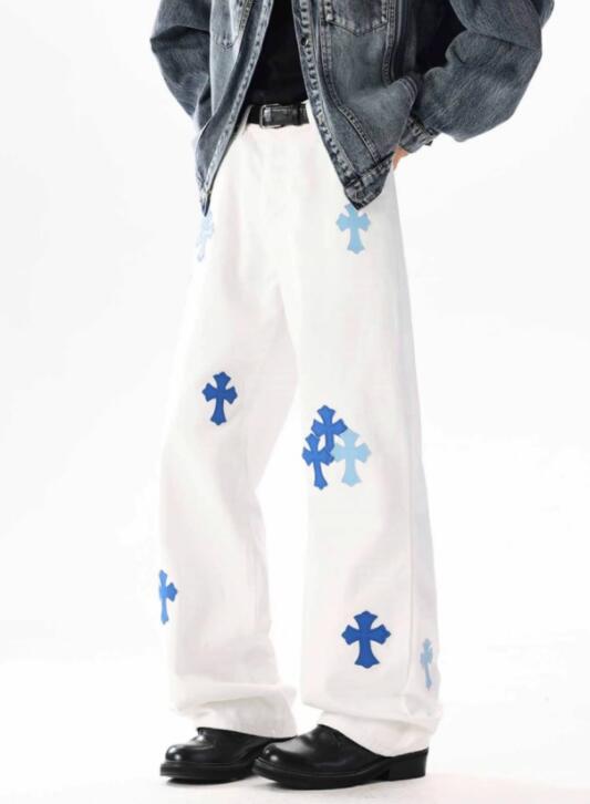 秋冬クロス柄白パンツ ワイドズボン 男性用